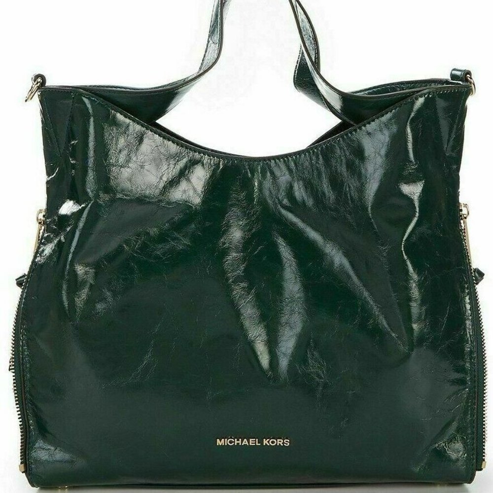 MICHAEL KORS DEVON GREEN CALF LEATHER GOLD CHAIN LARGE SHOULDER TOTE BAG NWT!